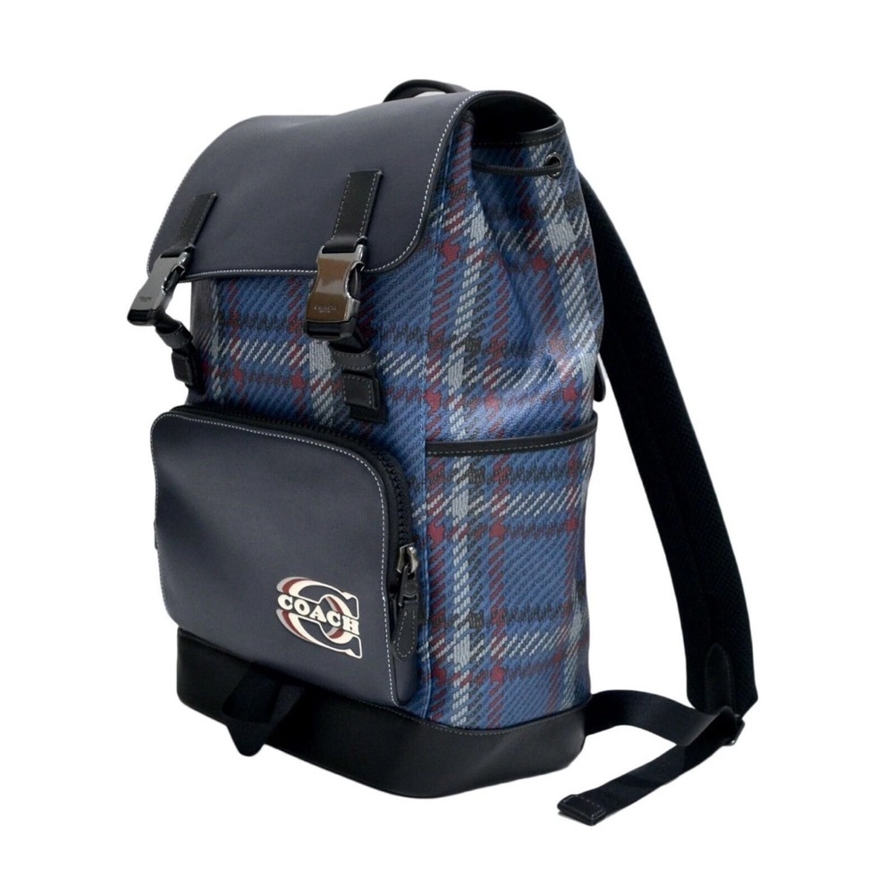 Coach Leather Backpack Blue Track Plaid Laptop Travel Carry On Bag Quiet Luxury‎